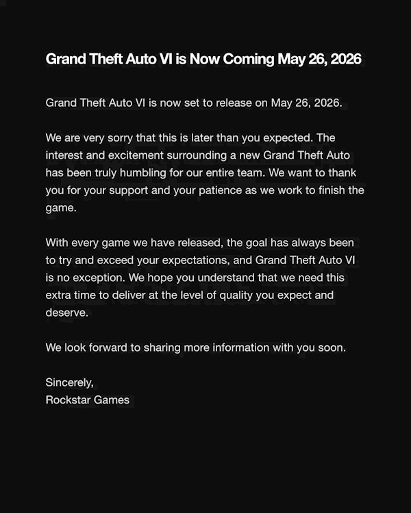 老玩家跳脚！《GTA6》官宣跳票！延期至2026年5月26日发售富联平台|富联娱乐注册登录缩略图